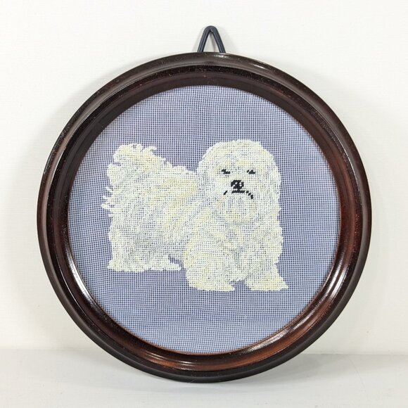 Finished and framed needlepoint / cross stitch art Maltese dog portrait - Picture 1 of 5